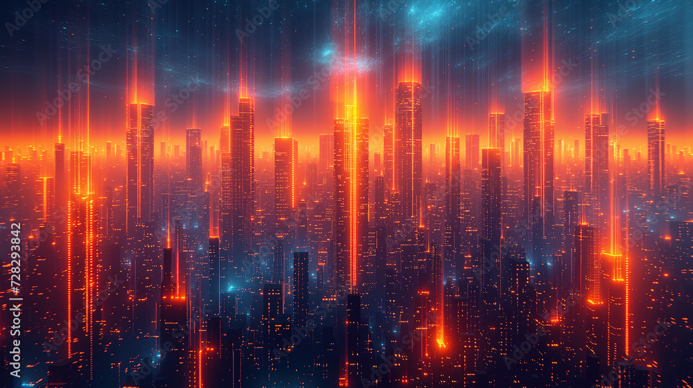 Creative futuristic cyberspace cityscape with orange trails from buildings background wallpaper