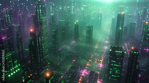 Green futuristic cyberspace buildings tech networking abstract background wallpaper