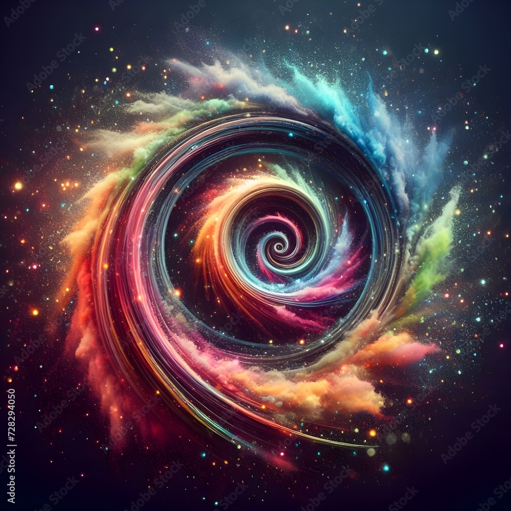 A  spiral with colorful powder and smoke.
