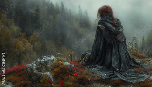 Mystical Celtic Maiden in Red Hair and Black Hooded Gown
