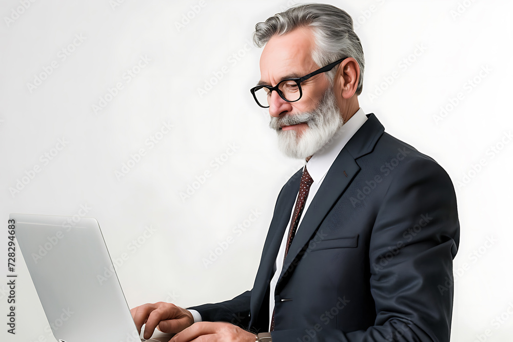 smiling mature male businessman looking at laptop isolated on white background smiling mature male businessman looking at laptop isolated on white background