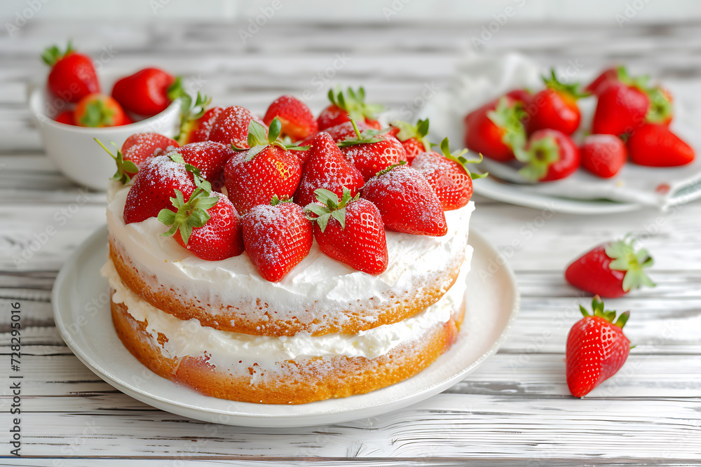 close-up of a sponge cake with strawberry close-up of a sponge cake with strawberry