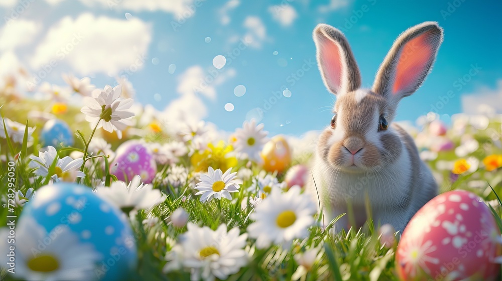 Easter scene featuring daisy flowers and rabbits with colorful eggs beneath a gorgeous sky in a 3D rendering. Easter scene featuring daisy flowers and rabbits with colorful eggs beneath a gorgeous sky in a 3D rendering.