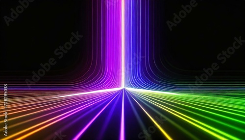 Background of rainbow-colored light moving through hyperspace. Image of multicolored streaks of light converging toward the center.