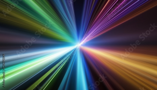 Background of rainbow-colored light moving through hyperspace. Image of multicolored streaks of light converging toward the center.