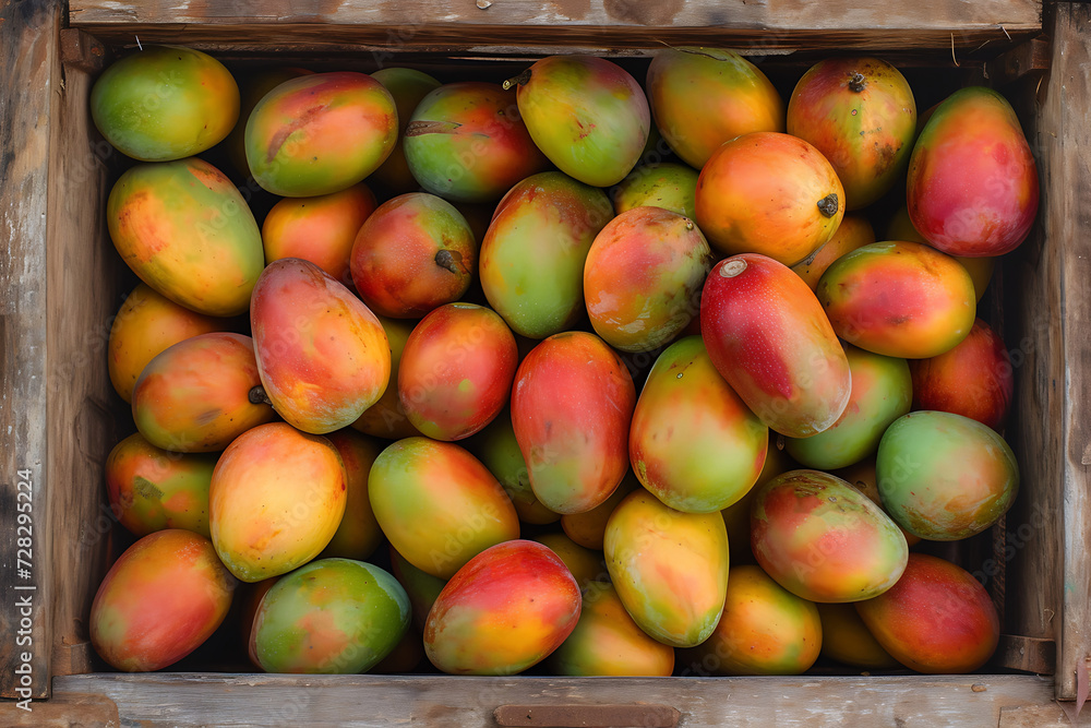 top view close-up mango harvest in a wooden box
