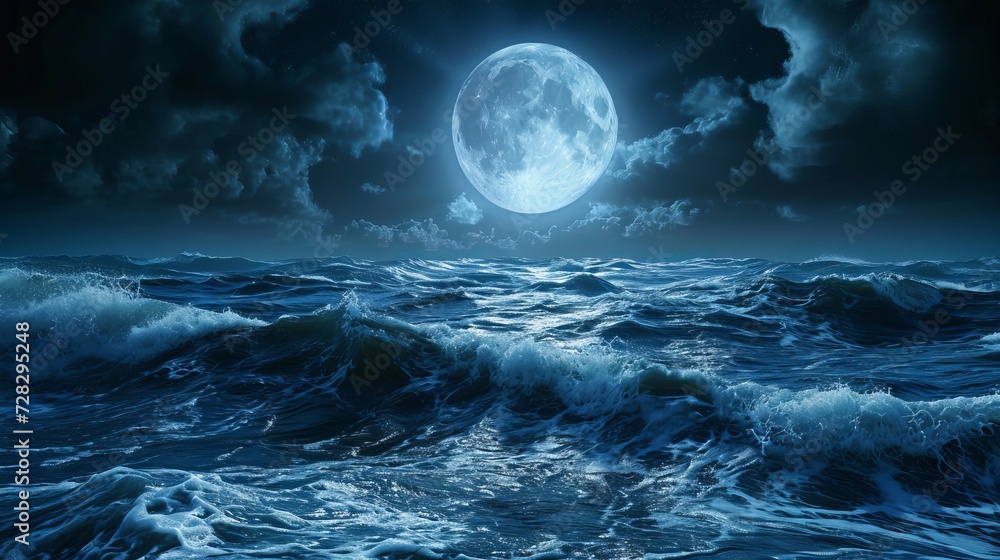 A 3D rendered artwork featuring a fantasy full moon background with an ocean wave at night. A 3D rendered artwork featuring a fantasy full moon background with an ocean wave at night.