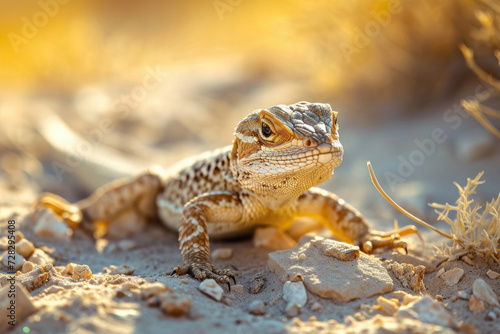 A striking close-up of a lizard in the sandy desert, showcasing nature's intricate details