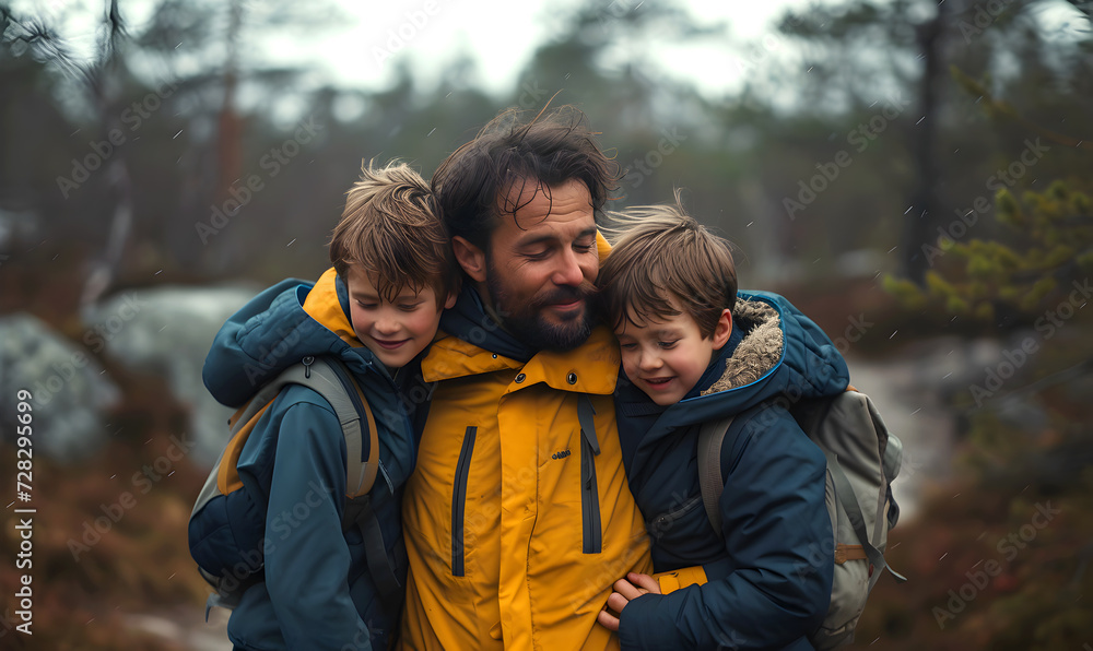 Father with his young sons outdoor. Relationship between parents and children. Father with his young sons outdoor. Relationship between parents and children.