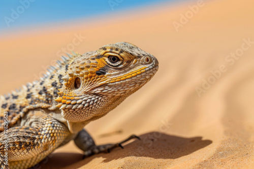A striking close-up of a lizard in the sandy desert, showcasing nature's intricate details © Veniamin Kraskov