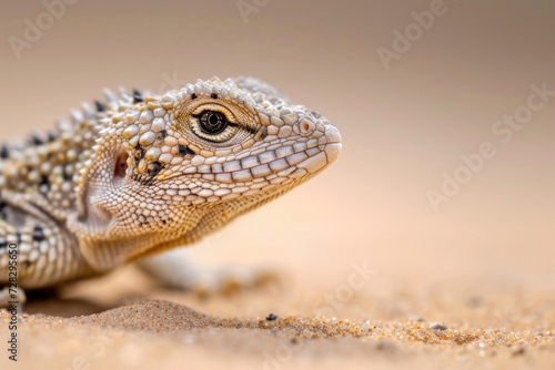 A striking close-up of a lizard in the sandy desert  showcasing nature s intricate details