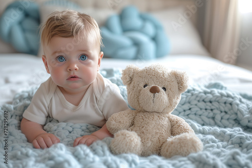 Little blond boy with blue eyes lying on the couch with his favorite toy bear