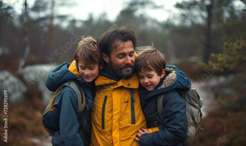 Father with his young sons outdoor. Relationship between parents and children.
