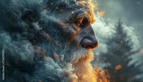 Elderly Man s Face with Reflective Eyes  Grey Beard  Shrouded in Smoke or Clouds  with a Hazy Pine Tree in the Background  Bathed in Warm Sunlight and Glittering Particles  Grey and Orange Hues