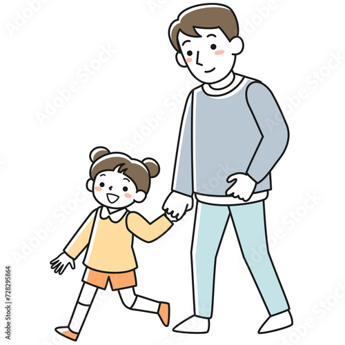 手をつないで歩く女の子と父親