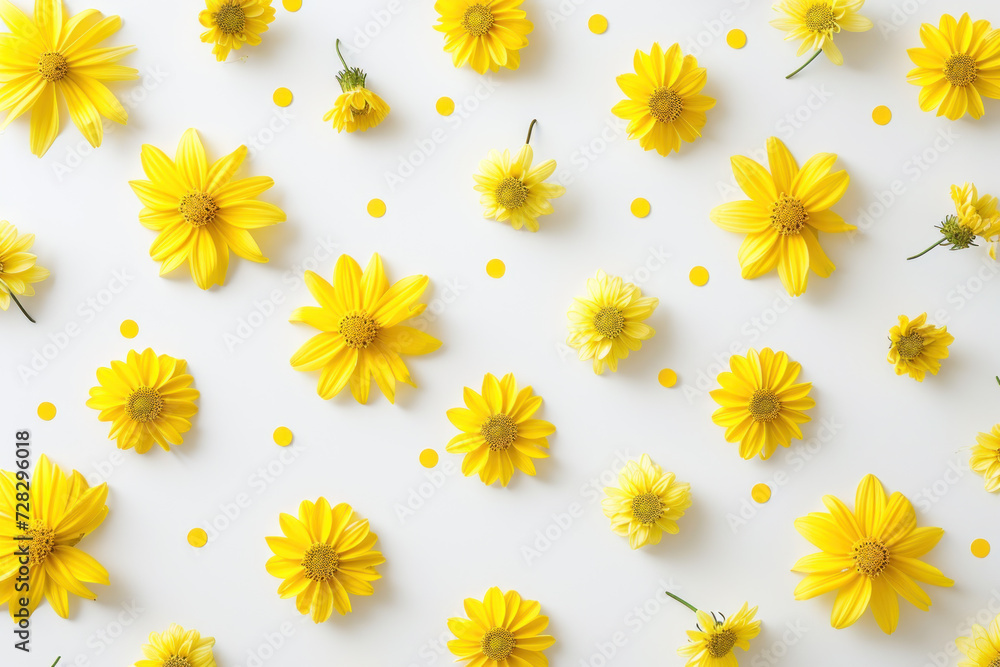 Top view yellow flowers on white background, Minimal fashion summer holiday concept. Flat lay Top view yellow flowers on white background, Minimal fashion summer holiday concept. Flat lay