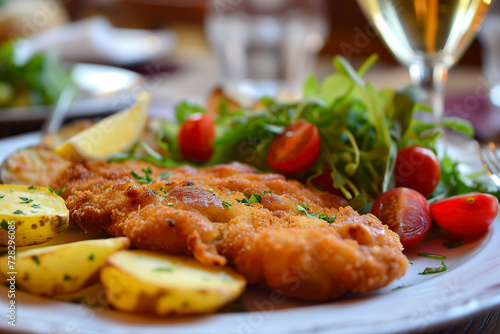 German Wiener Schnitzel with potatoes and salad meal on a plate