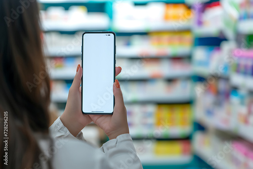 mock up template white smartphone screen in woman's hand isolated on pharmacy background