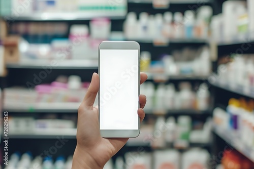 mock up template white smartphone screen in woman's hand isolated on pharmacy background