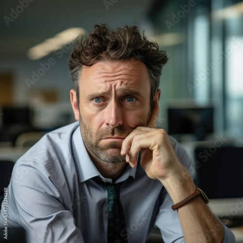 A sad man sitting in an office. Generative AI.