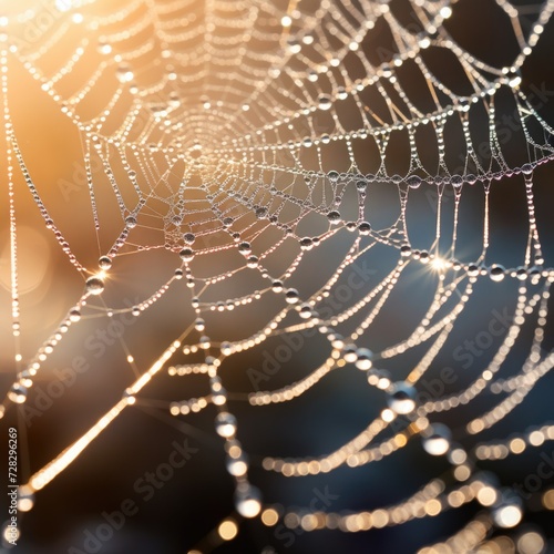 A spider web with dew drops on it. Generative AI.