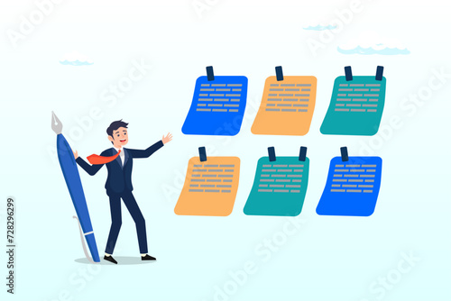Businessman with pencil categorised sticky notes, category or prioritise work for project management, sorting important or urgency tasks, organise and plan for business success, kind or type (Vector)