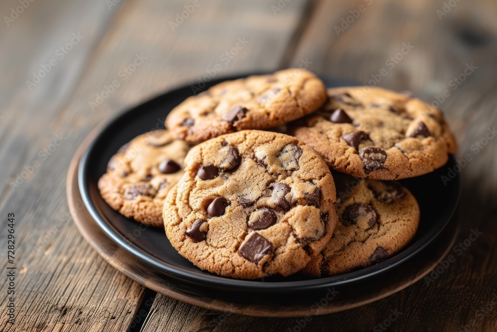Front view of a chocolate chip cookies heap on a rustic wooden table. 