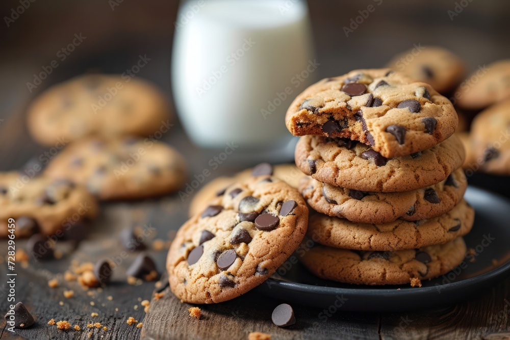 Front view of a chocolate chip cookies stack on a rustic wooden table.