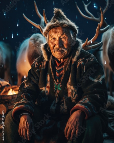 An old man sitting in front of reindeer. Generative AI.