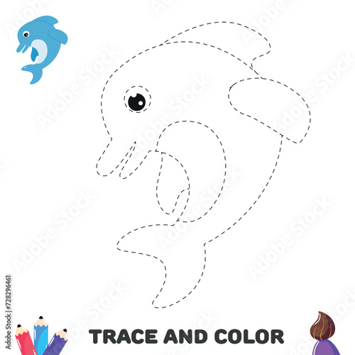 Trace dolphin. Coloring educational worksheet for kids. Activity page.