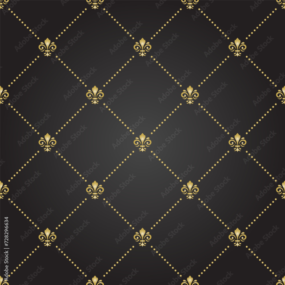 Naklejka premium Seamless vector pattern. Modern geometric ornament with royal lilies. Classic black golden background