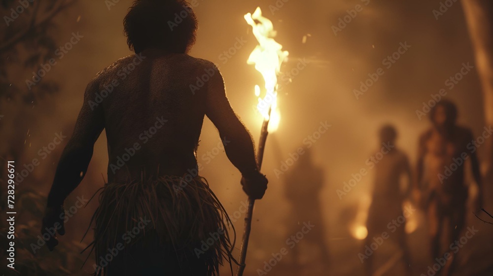 Early humans discover the possibility of using and taming fire - obrazy, fototapety, plakaty 