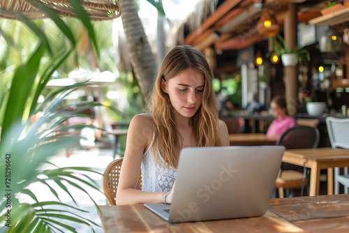 young man looking at laptop in outdoor cafe at summer resort