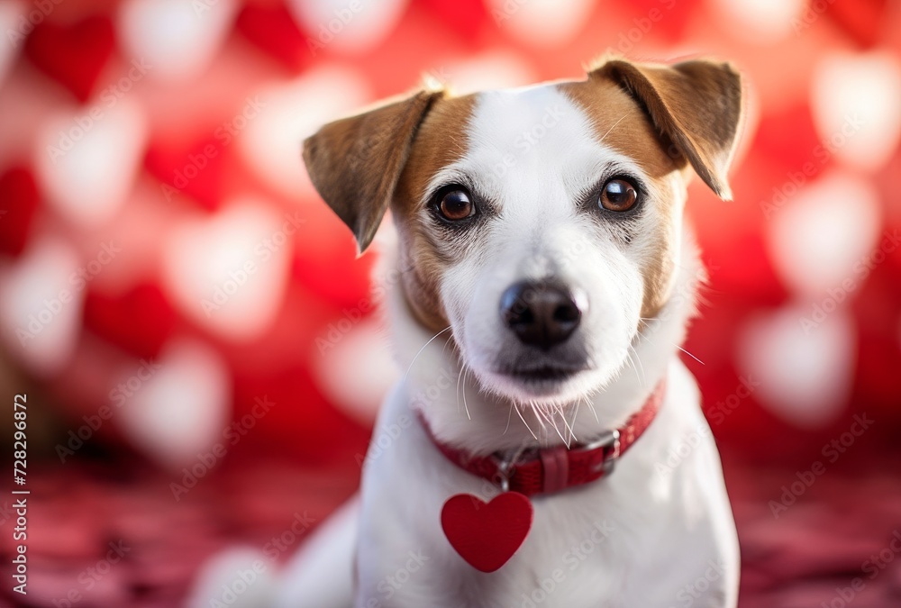 a dog sitting with his head on its paws in front of a pink and white