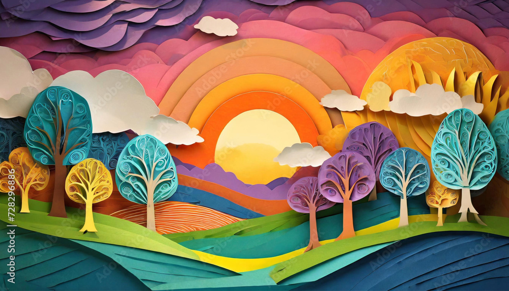 Colorful fairytale landscape with trees and sunset made from paper cutouts