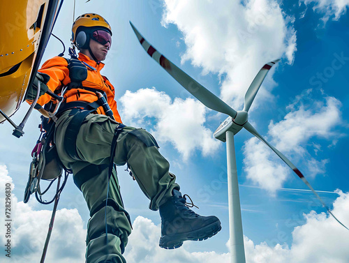 Inspection engineer preparing to rappel down a rotor blade of a wind turbine on a clear day. Workers on a hanging platform repair damaged rotor blades of a wind turbine.