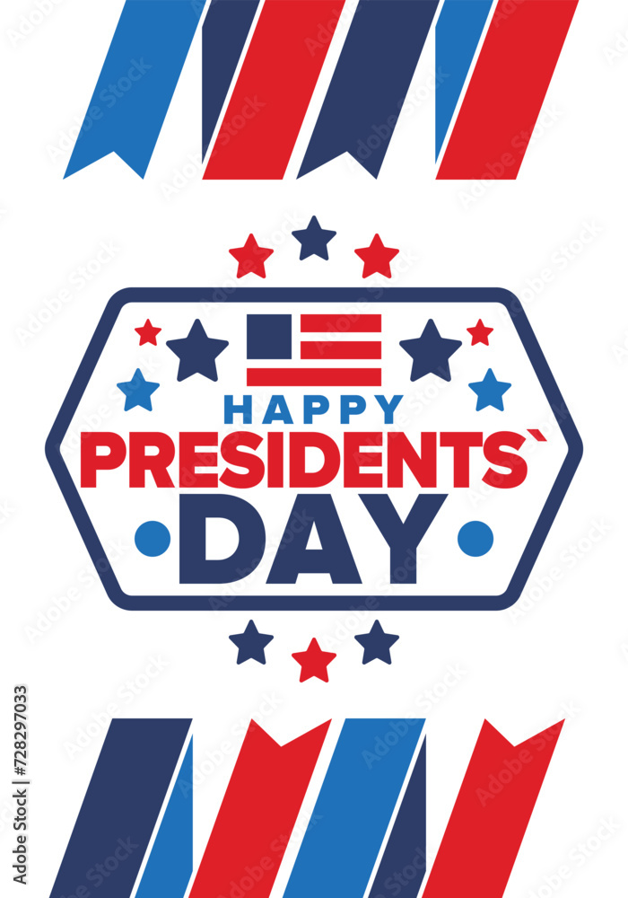 Happy Presidents day in United States. Washington's Birthday. Federal holiday in America. Celebrated in February. Patriotic american elements. Poster, banner and background. Vector illustration Happy Presidents day in United States. Washington's Birthday. Federal holiday in America. Celebrated in February. Patriotic american elements. Poster, banner and background. Vector illustration