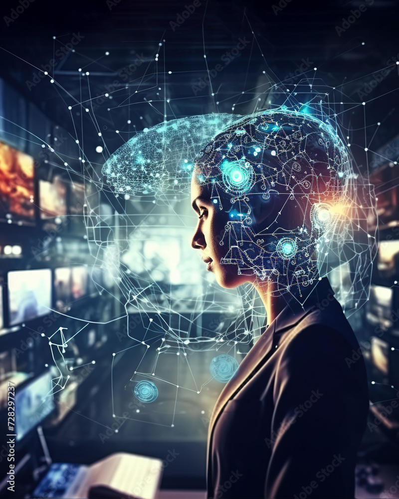 Fototapeta premium The concept of artificial intelligence with a brain on a blue background