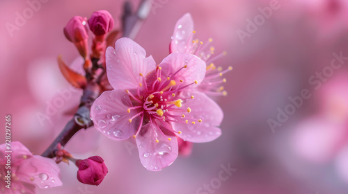 Spring Cherry Blossom Macro with Dew Drops Photography © John