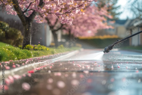 pressure washing the drive way in front of a house, cherry trees, spring cleaning photo