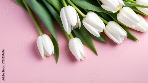 spring flowers banner - bunch of white tulip flowers on pink background