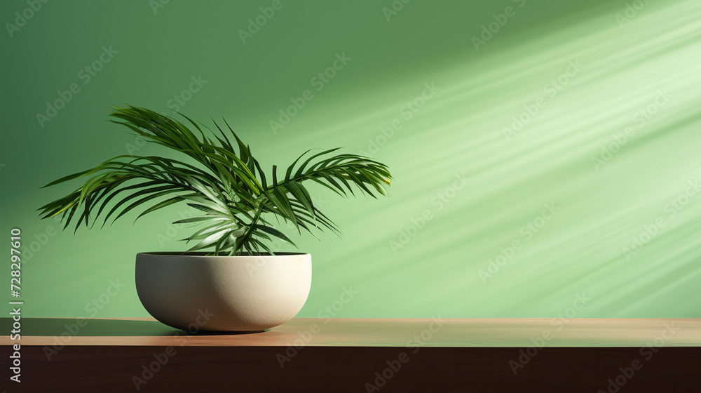 Palm tree in a white pot on a wooden table against a green background Palm tree in a white pot on a wooden table against a green background