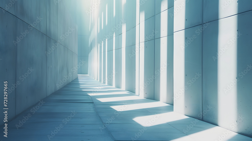 Fototapeta premium Modern Architectural Corridor with Sunlight Casting Shadows on Blue Walls