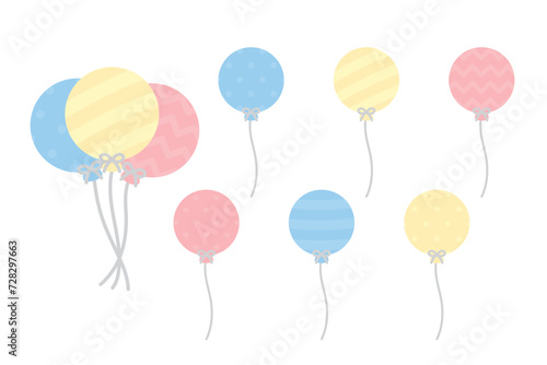 Set of cute pastel pink, blue and yellow patterned round balloons illustration. Baby and kids party decoration.