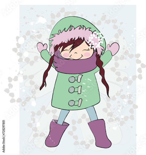  Happy blond girl lying in snow on back and moving arms and legs flat vector. Smiling lady making snow angel cartoon illustration for winter entertainments concept