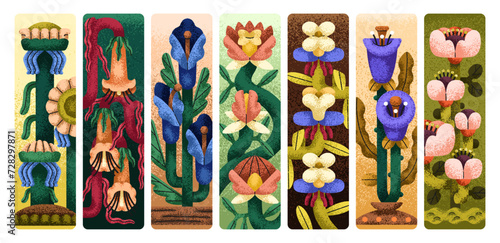 Floral bookmarks set. Botanical book marks designs, abstract flowers, leaf. Modern spring and summer flora, garden, blossomed blooms, vertical decorative cards for pages. Flat vector illustration