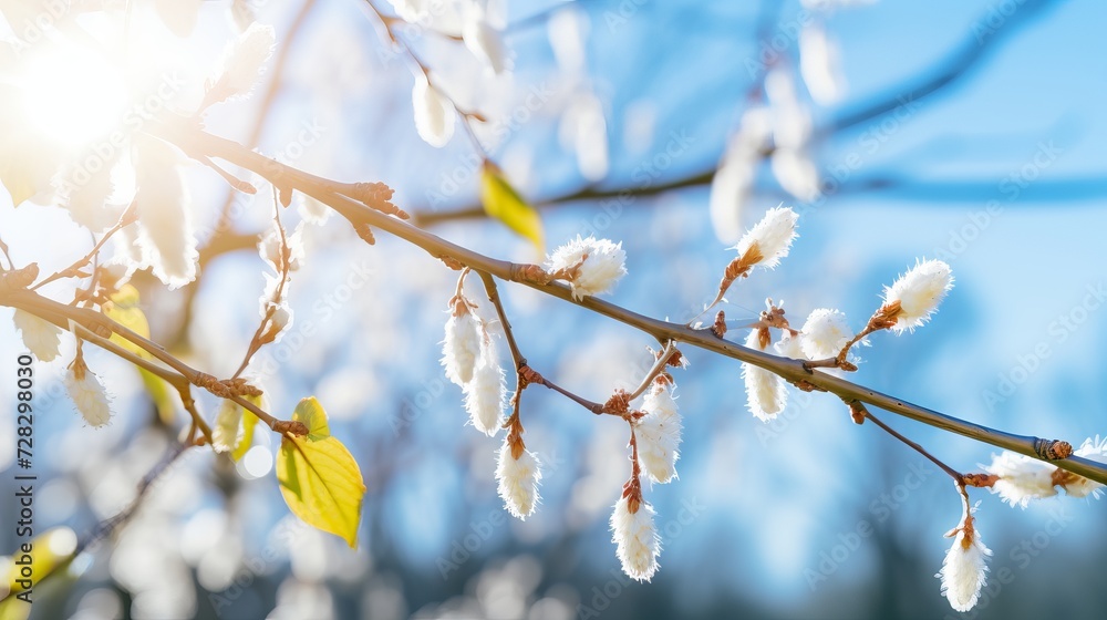 Willow branch with catkins in forest on blurred background, sunny easter holiday symbol Willow branch with catkins in forest on blurred background, sunny easter holiday symbol