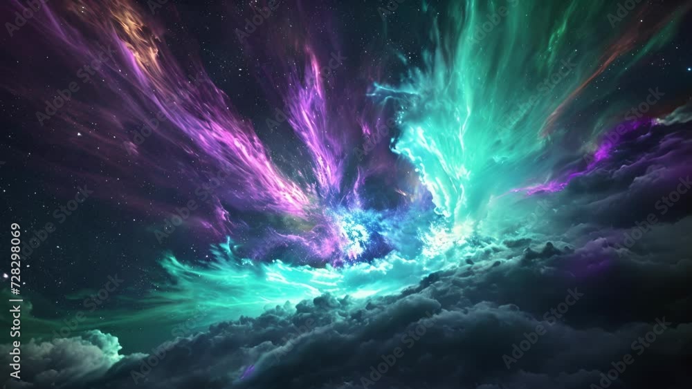 A celestial light show unfolds as a neon aurora takes center stage in the inky expanse above. A celestial light show unfolds as a neon aurora takes center stage in the inky expanse above.