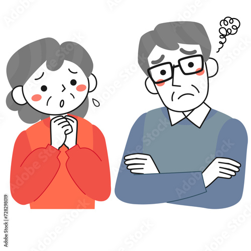 困っている表情のシニア夫婦の上半身