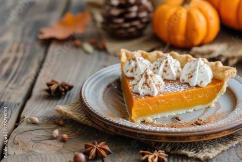 Front view of a portion of pumpkin pie on a rustic wooden table 